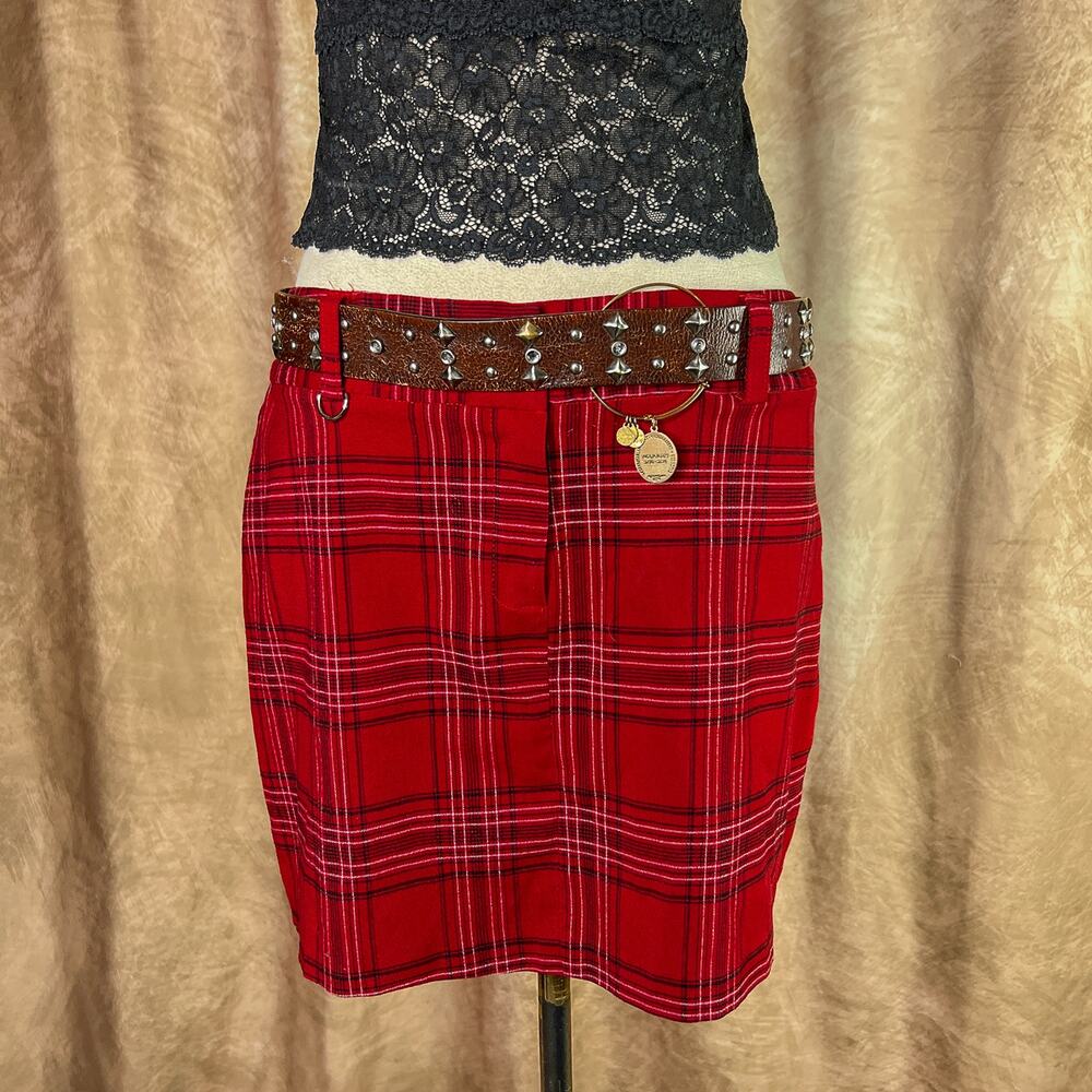 Vintage Y2K Plaid Mini Skirt Red Short Metal Ring Accents Punk Rock Indie Sleaze